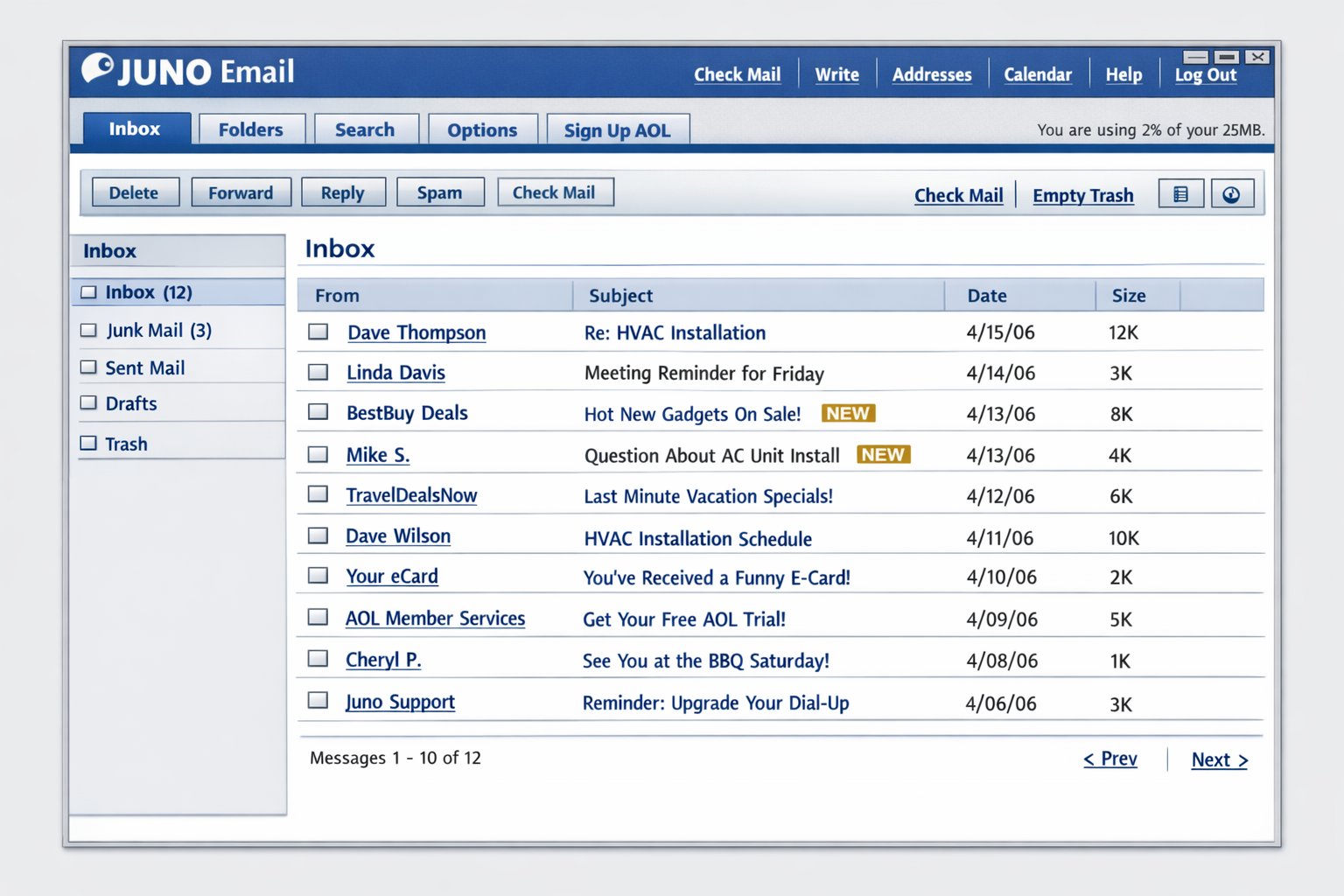 Email inbox with HVAC installation and service messages